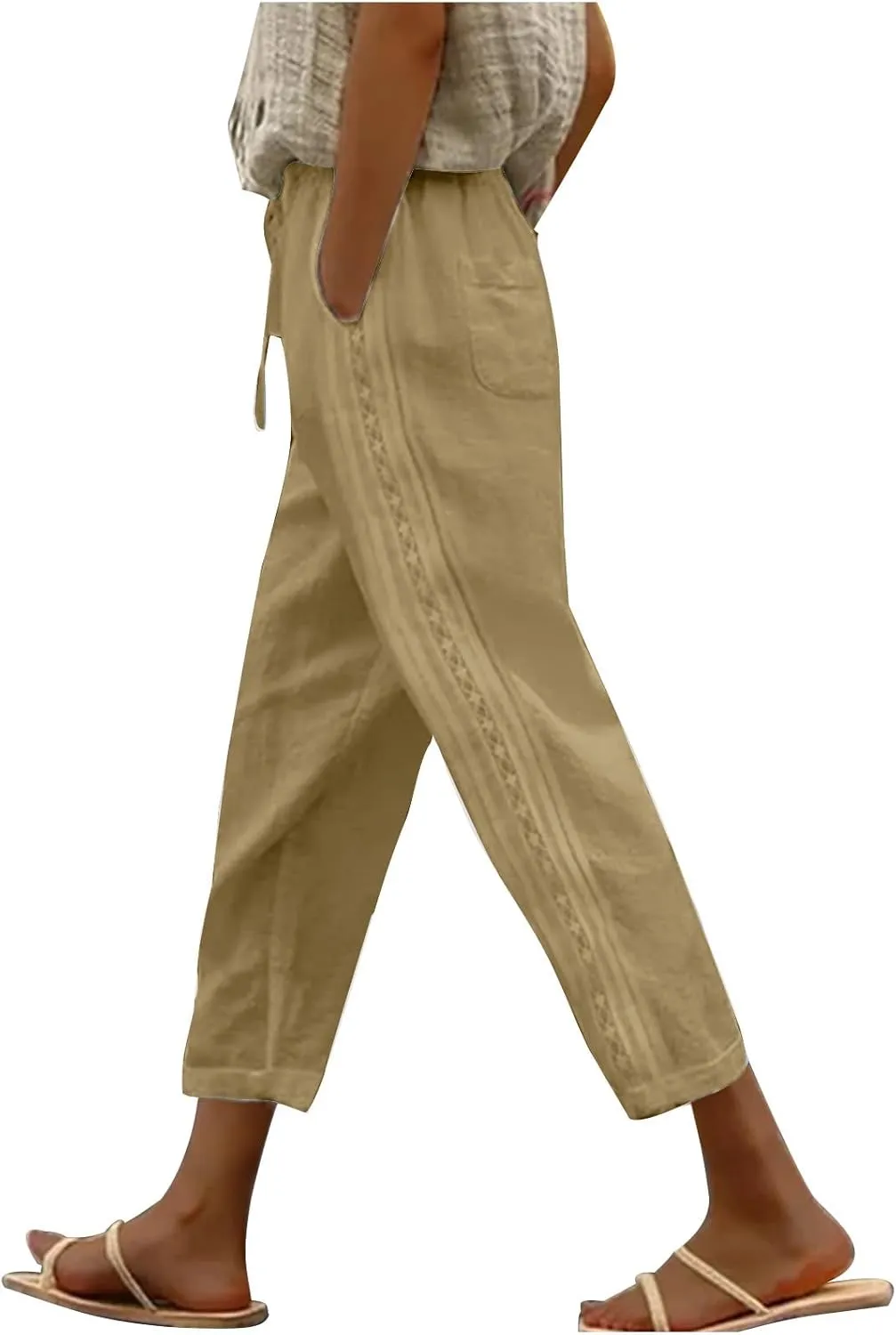Women Linen Pants with Pockets Trendy Lightweight Wide Leg Loose Fit Slacks Drawstring High Waist Printed Trousers