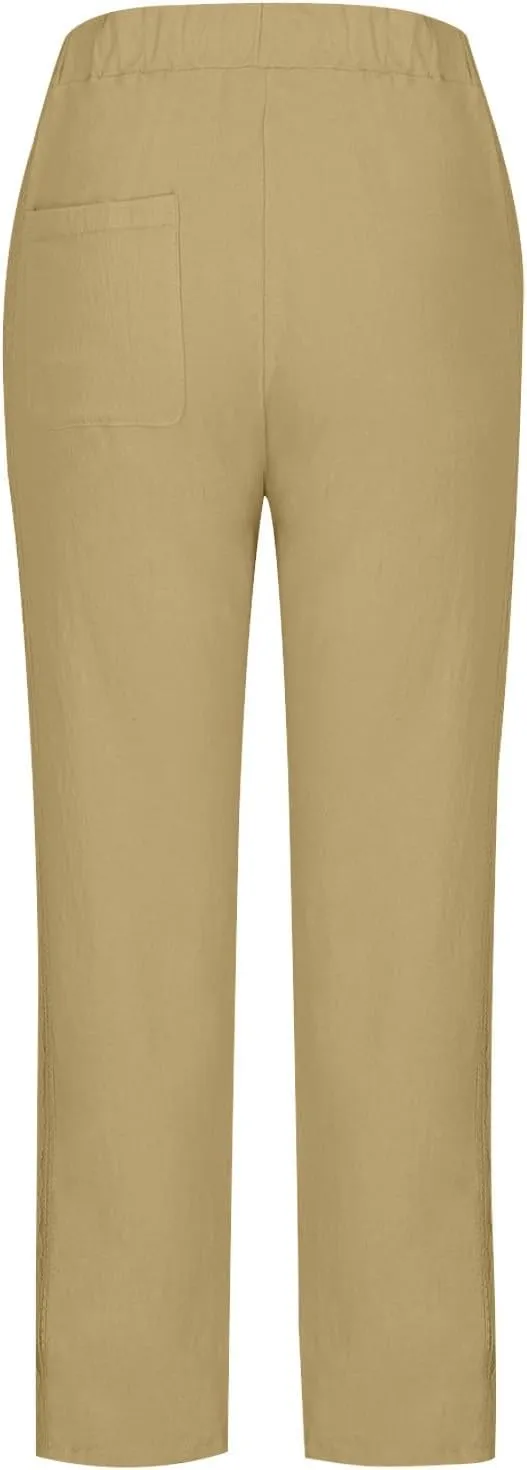 Women Linen Pants with Pockets Trendy Lightweight Wide Leg Loose Fit Slacks Drawstring High Waist Printed Trousers