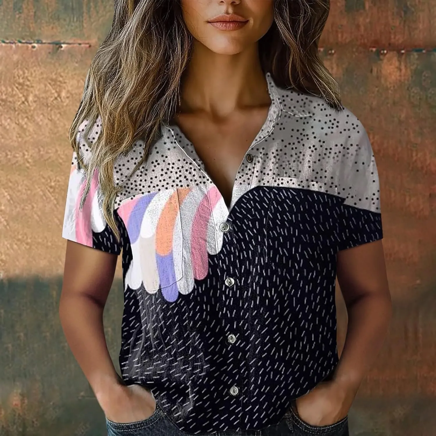 Women Linen Shirts Button Down Colorful Stripe Print V Neck Collared Tops Daily t Shirts Summer Shirts for Women 2025