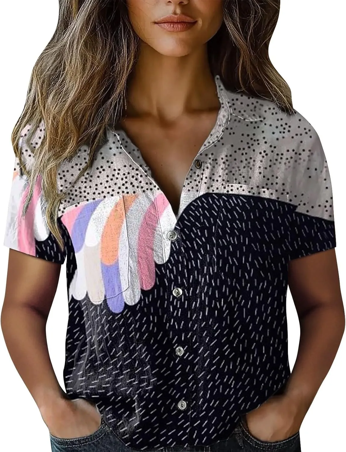 Women Linen Shirts Button Down Colorful Stripe Print V Neck Collared Tops Daily t Shirts Summer Shirts for Women 2025