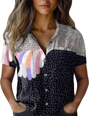 Women Linen Shirts Button Down Colorful Stripe Print V Neck Collared Tops Daily t Shirts Summer Shirts for Women 2025