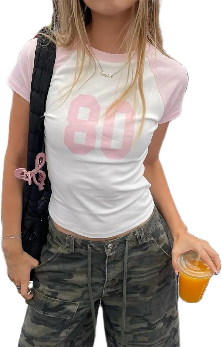 Women Number Baby Tees Short Sleeve Jersey Crop Top Slim Fit Crewneck Shirt Y2k Graphic T-Shirt Vintage Summer Top