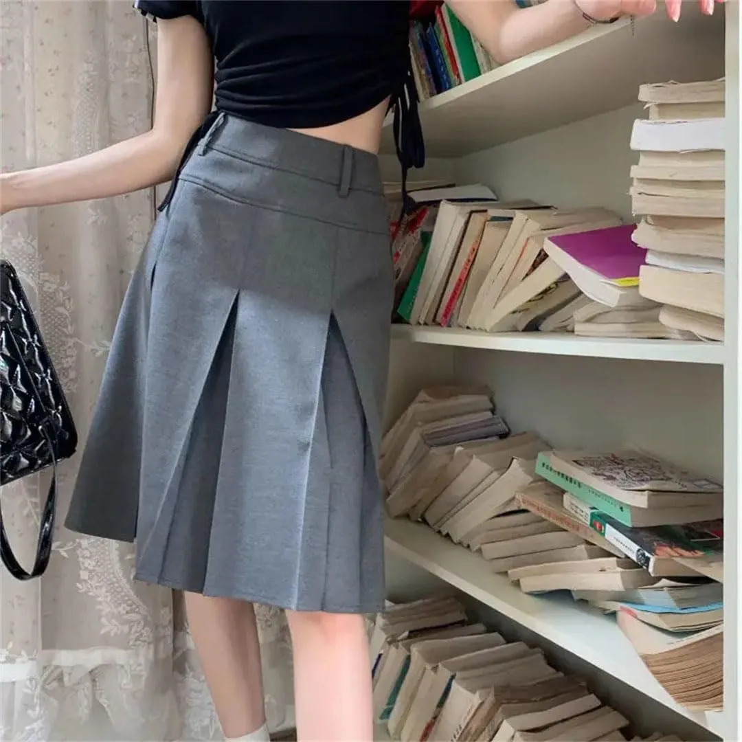 Women Pleated Skirt Reversible High Waist Preppy Gray Plus Size Skirt for Suit Midi Skirt