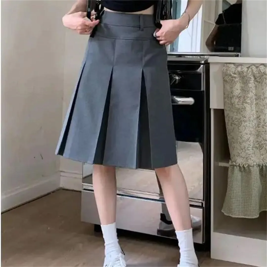 Women Pleated Skirt Reversible High Waist Preppy Gray Plus Size Skirt for Suit Midi Skirt
