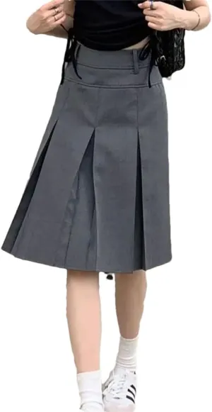 Women Pleated Skirt Reversible High Waist Preppy Gray Plus Size Skirt for Suit Midi Skirt