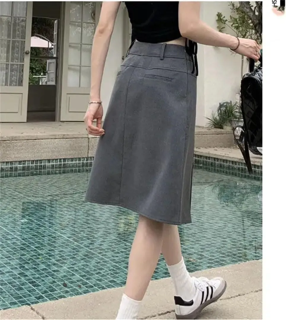 Women Pleated Skirt Reversible High Waist Preppy Gray Plus Size Skirt for Suit Midi Skirt