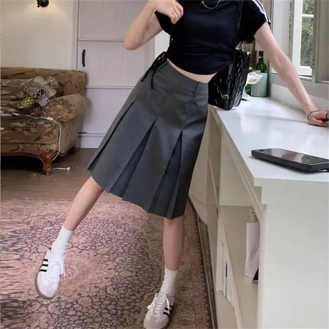 Women Pleated Skirt Reversible High Waist Preppy Gray Plus Size Skirt for Suit Midi Skirt