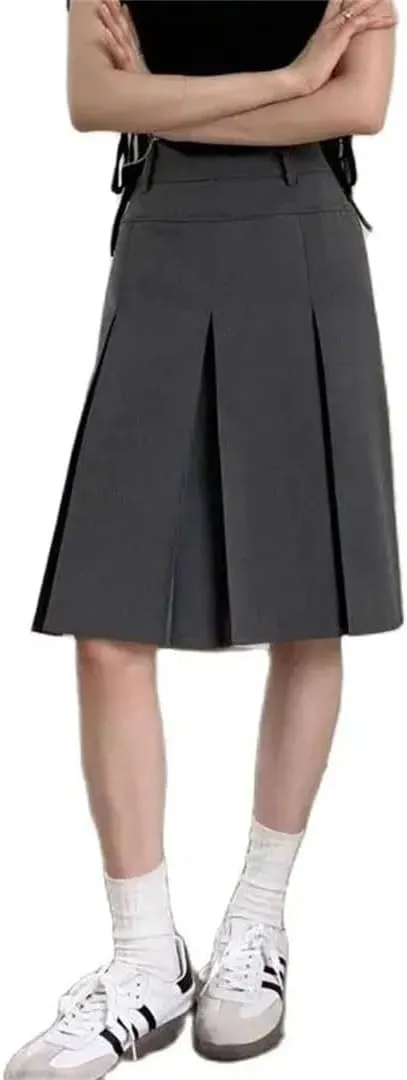 Women Pleated Skirt Reversible High Waist Preppy Gray Plus Size Skirt for Suit Midi Skirt