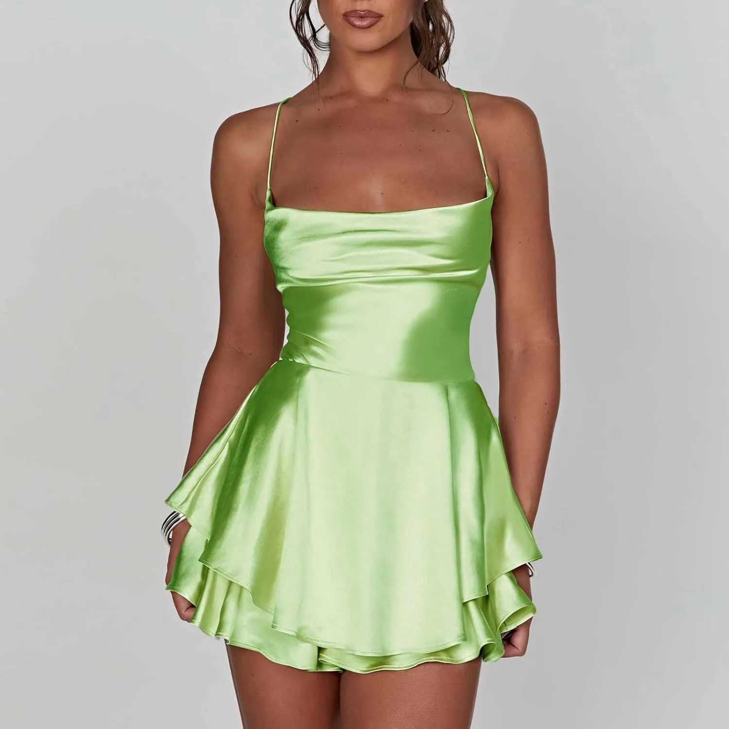 Women Sexy Low Cut Satin Mini Dress Jumpsuits Y2k Deep V Spaghetti Strap Bodycon Dress Solid Slimd Going Out Dress