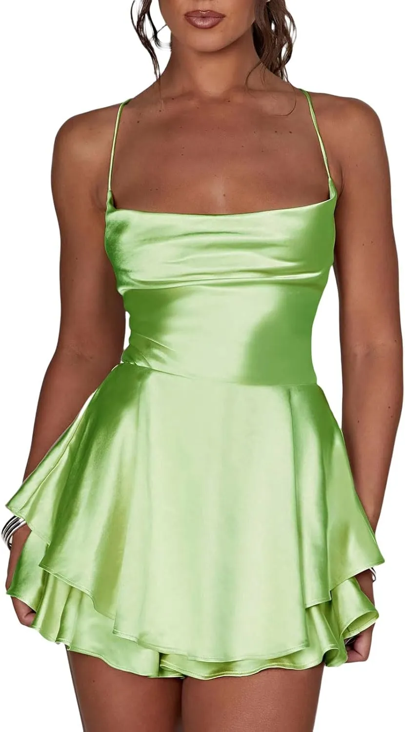 Women Sexy Low Cut Satin Mini Dress Jumpsuits Y2k Deep V Spaghetti Strap Bodycon Dress Solid Slimd Going Out Dress
