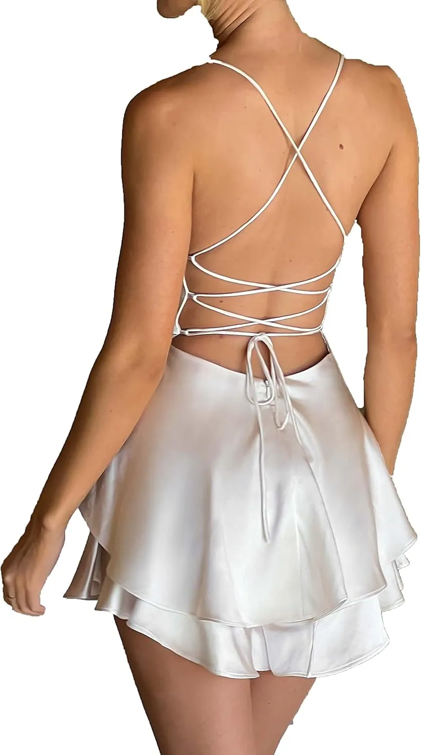 Women Sexy Low Cut Satin Mini Dress Jumpsuits Y2k Deep V Spaghetti Strap Bodycon Dress Solid Slimd Going Out Dress