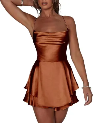 Women Sexy Low Cut Satin Mini Dress Jumpsuits Y2k Deep V Spaghetti Strap Bodycon Dress Solid Slimd Going Out Dress