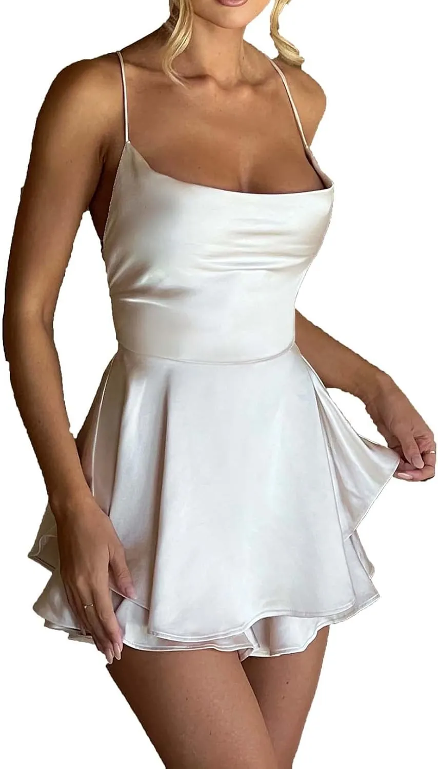 Women Sexy Low Cut Satin Mini Dress Jumpsuits Y2k Deep V Spaghetti Strap Bodycon Dress Solid Slimd Going Out Dress