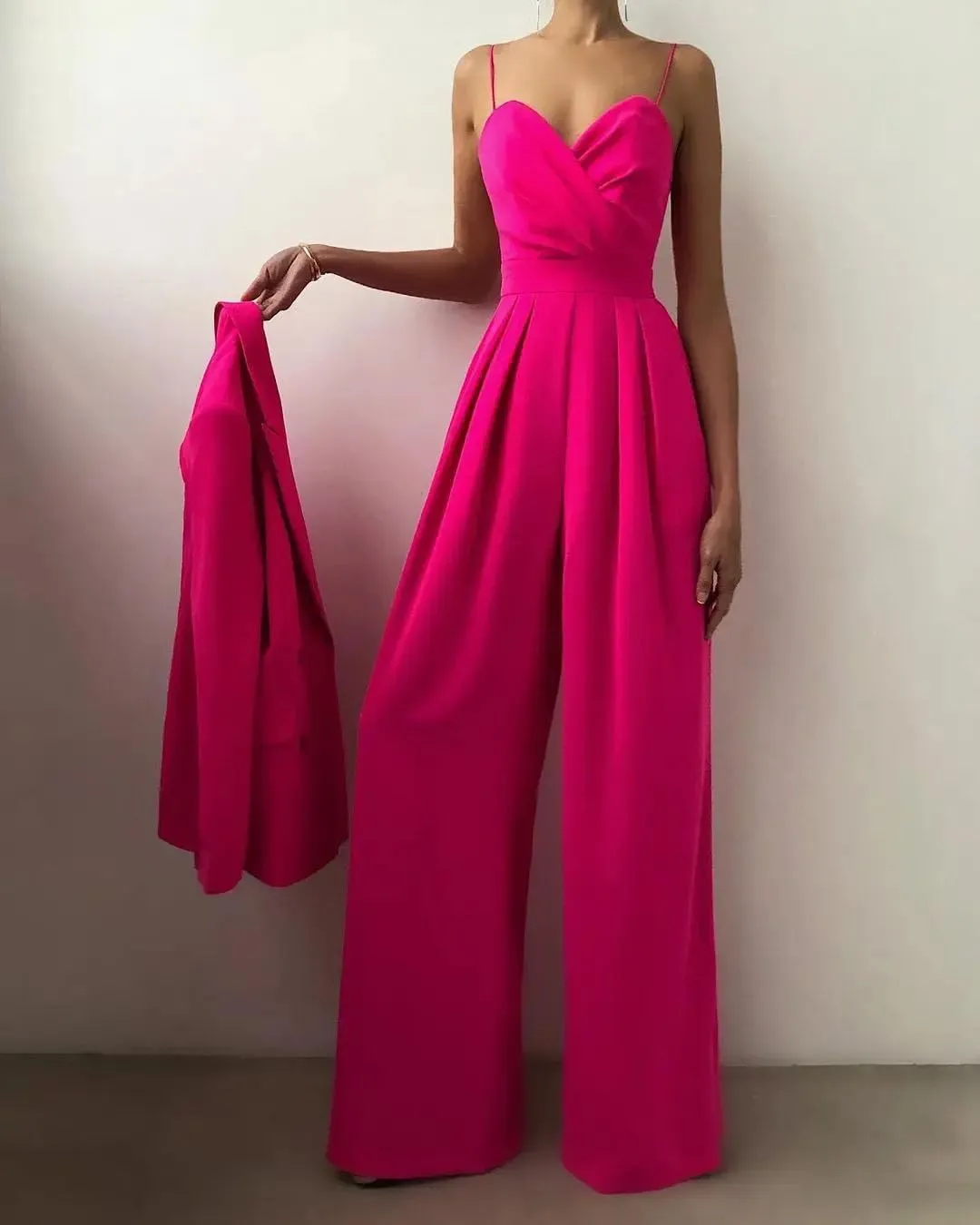 Women Sleeveless High Waist Jumpsuit Wide Leg Sling Long Pants Outfit Solid Slim V Neck Rompers