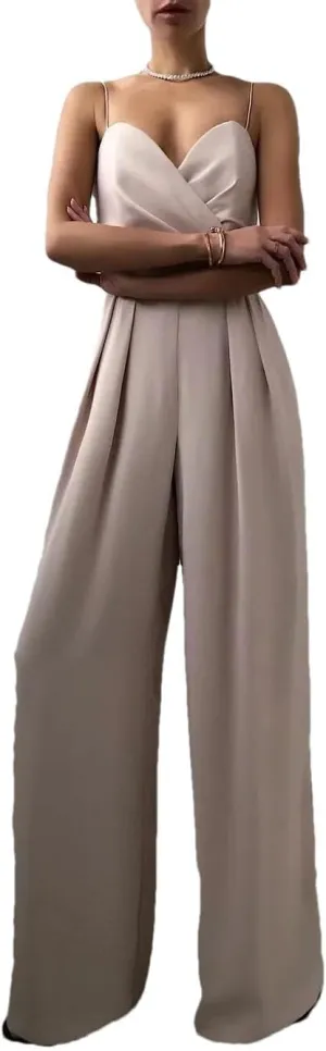 Women Sleeveless High Waist Jumpsuit Wide Leg Sling Long Pants Outfit Solid Slim V Neck Rompers