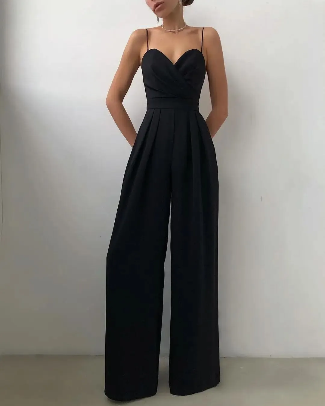 Women Sleeveless High Waist Jumpsuit Wide Leg Sling Long Pants Outfit Solid Slim V Neck Rompers