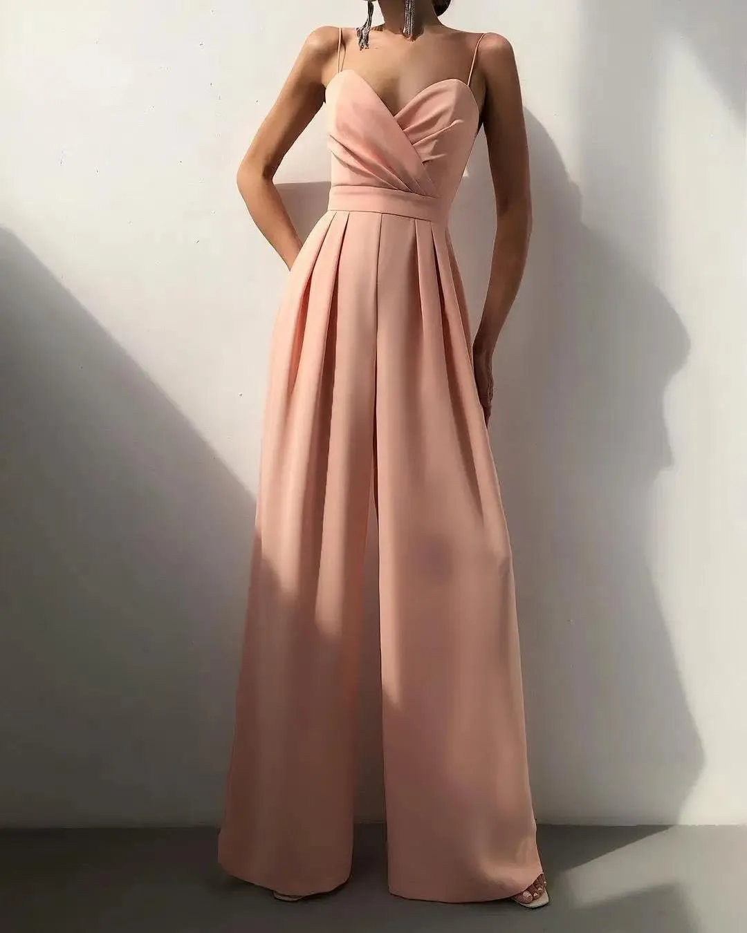 Women Sleeveless High Waist Jumpsuit Wide Leg Sling Long Pants Outfit Solid Slim V Neck Rompers