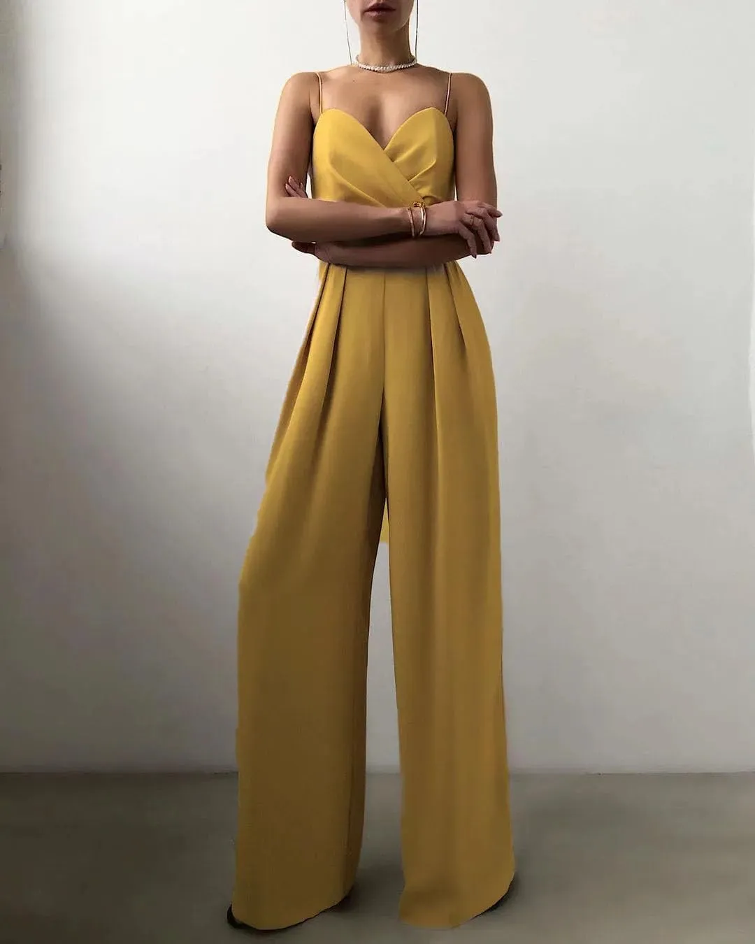 Women Sleeveless High Waist Jumpsuit Wide Leg Sling Long Pants Outfit Solid Slim V Neck Rompers