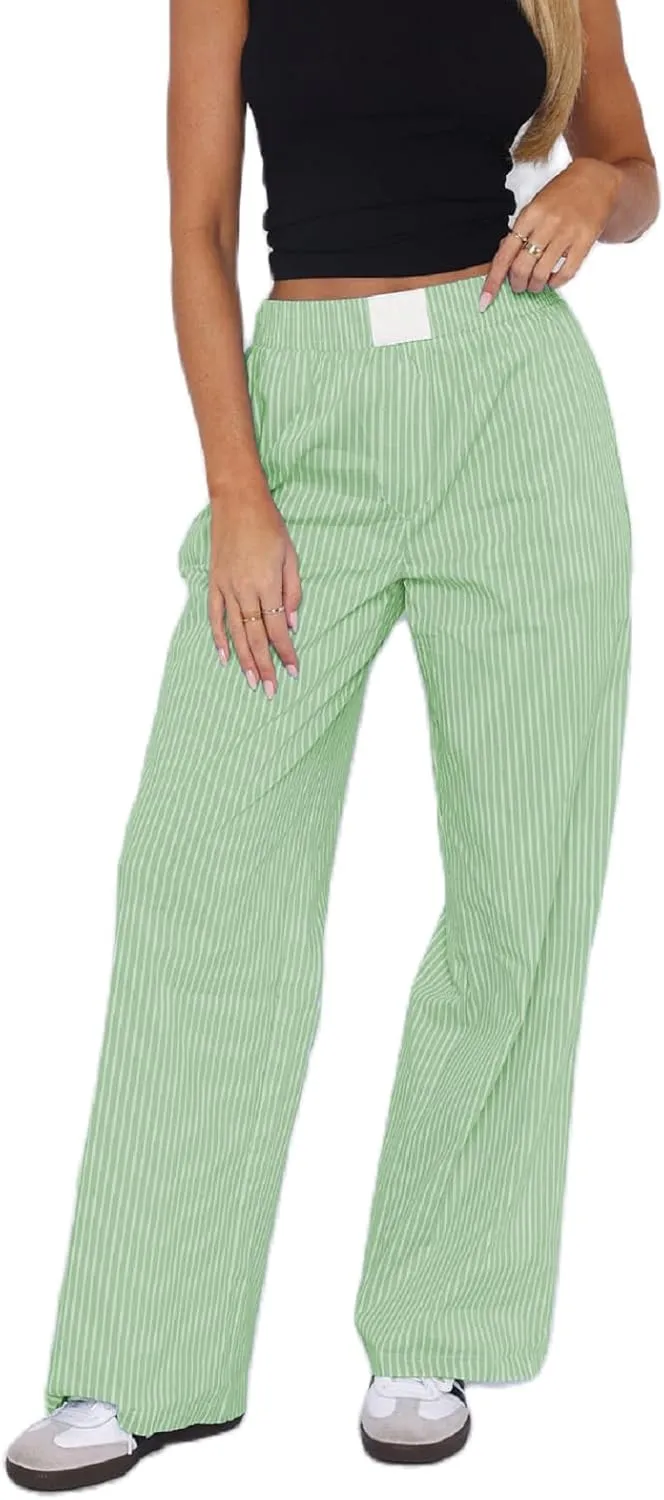 Women Y2k Striped Pants Wide Leg Striped Print Lounge Pants Elastic High Waist Pinstripe Pajama Summer Trousers