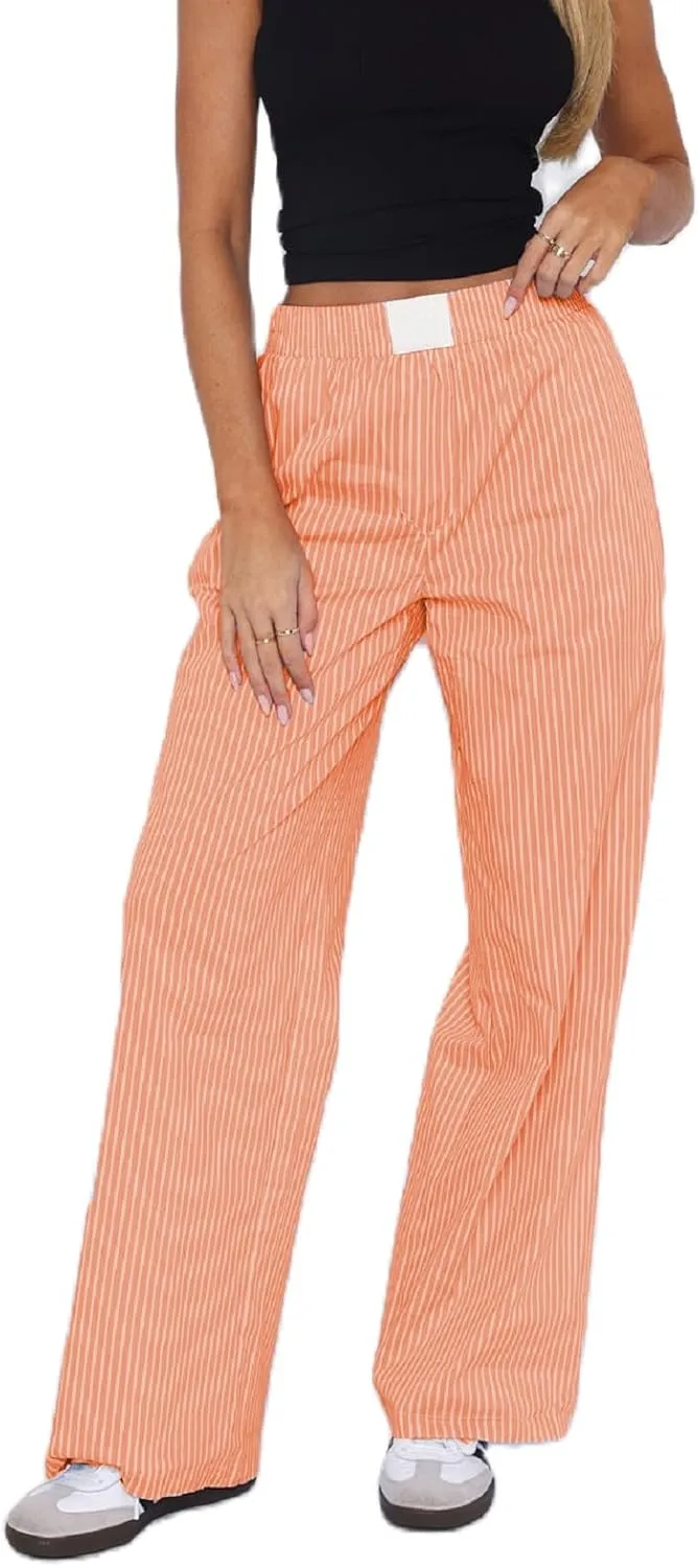 Women Y2k Striped Pants Wide Leg Striped Print Lounge Pants Elastic High Waist Pinstripe Pajama Summer Trousers
