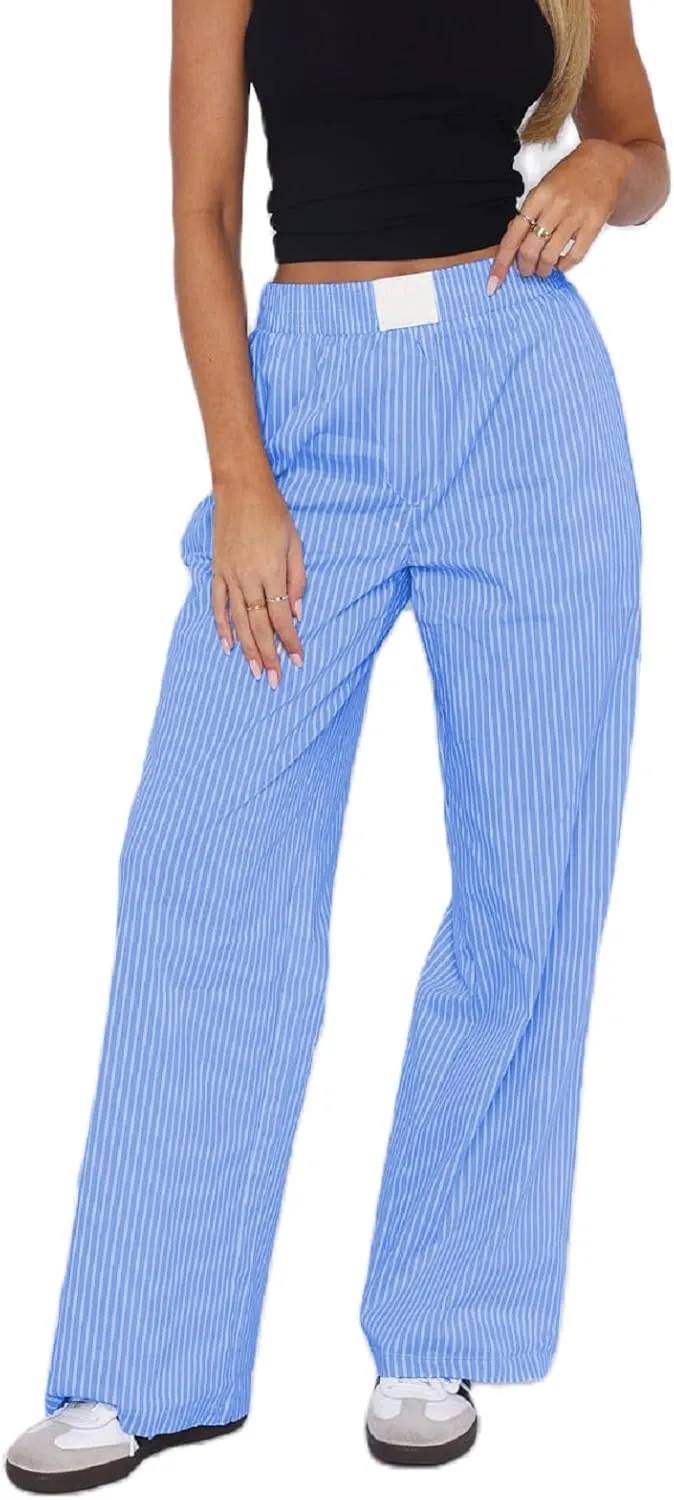 Women Y2k Striped Pants Wide Leg Striped Print Lounge Pants Elastic High Waist Pinstripe Pajama Summer Trousers