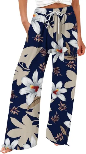 Women's Boho Tropical Print Wide Leg Pants Womens Cotton Casual Loose Pants Comfy Work Casual Wide Leg Long Lounge