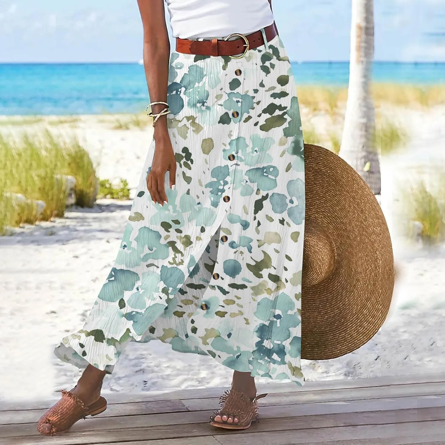 Women's Button Front Maxi Skirt Mid Waist Boho A Line Skirt Summer Cotton Pleated Slit Skirt Flowy Swing Long Skirt