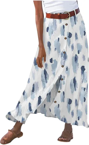 Women's Button Front Maxi Skirt Mid Waist Boho A Line Skirt Summer Cotton Pleated Slit Skirt Flowy Swing Long Skirt