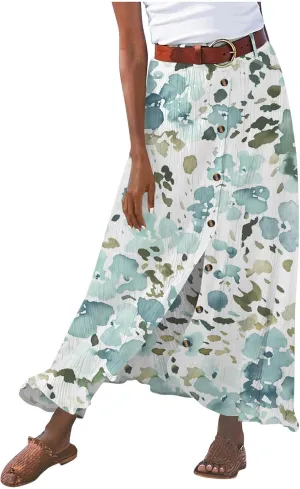 Women's Button Front Maxi Skirt Mid Waist Boho A Line Skirt Summer Cotton Pleated Slit Skirt Flowy Swing Long Skirt