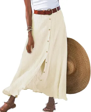 Women's Button Front Maxi Skirt Mid Waist Boho A Line Skirt Summer Cotton Pleated Slit Skirt Flowy Swing Long Skirt