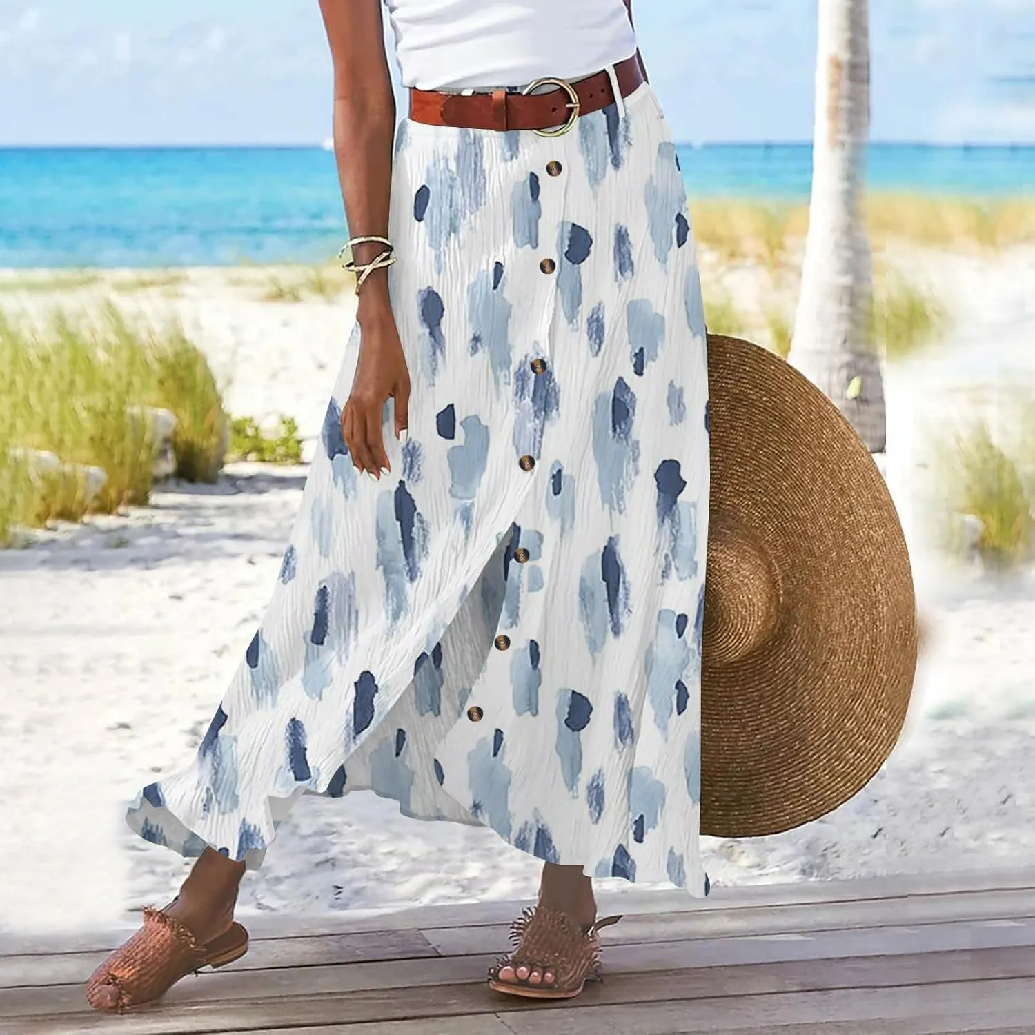 Women's Button Front Maxi Skirt Mid Waist Boho A Line Skirt Summer Cotton Pleated Slit Skirt Flowy Swing Long Skirt