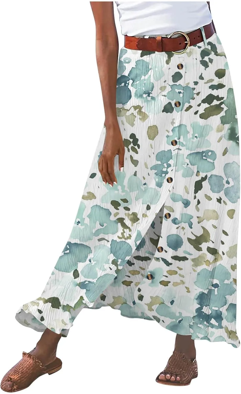 Women's Button Front Maxi Skirt Mid Waist Boho A Line Skirt Summer Cotton Pleated Slit Skirt Flowy Swing Long Skirt