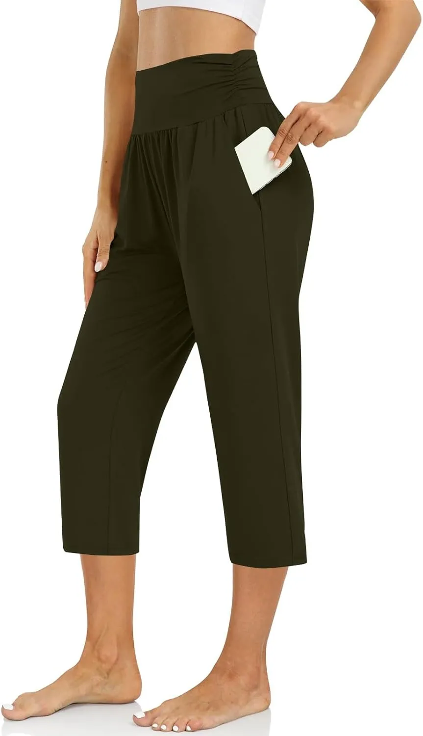 Women's Capri Pants 2025 Summer Casual Loose Yoga Pants Comfy Workout Cropprd Trousers Yoga Trousers with Pockets