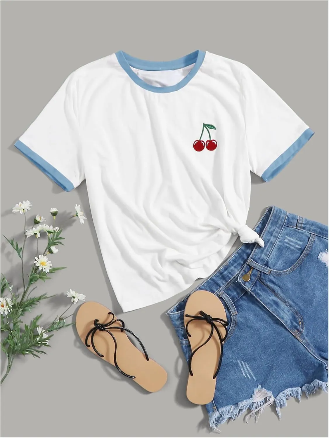 Women's Cherry Embroidery Print Shirt Contrast Color Neck Tee Short Sleeve Graphic Casual T Shirt Summer Tee Tops