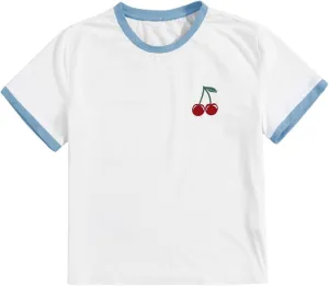 Women's Cherry Embroidery Print Shirt Contrast Color Neck Tee Short Sleeve Graphic Casual T Shirt Summer Tee Tops