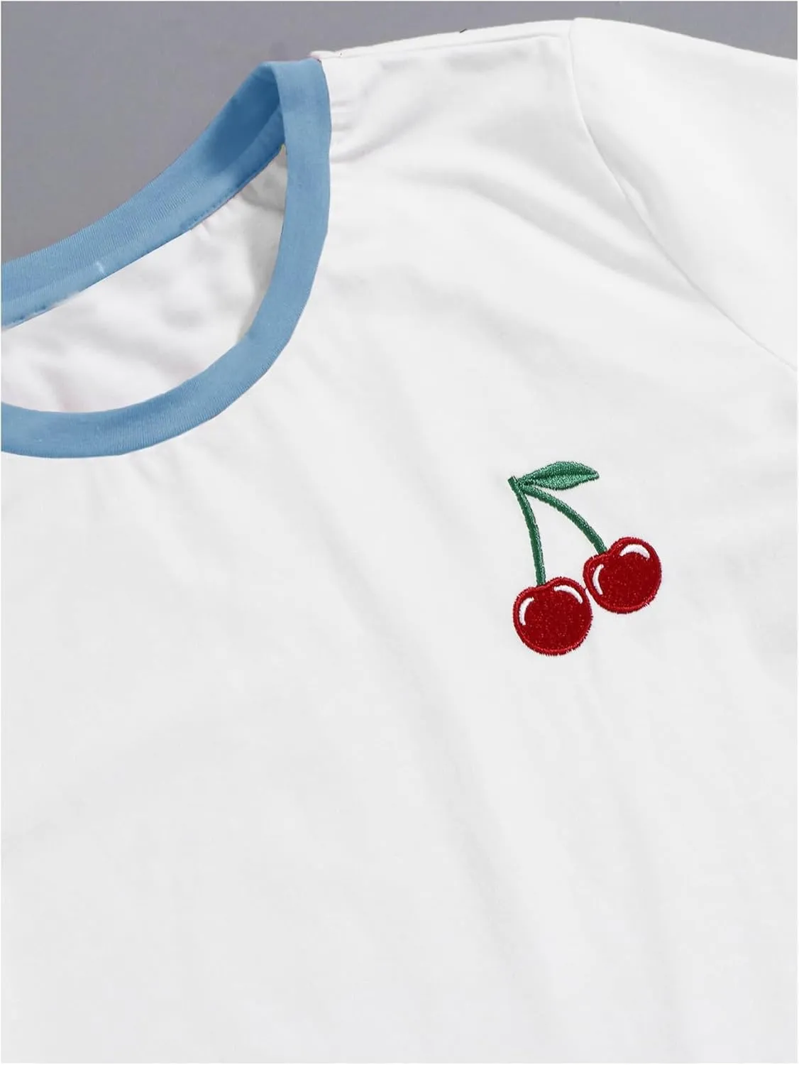 Women's Cherry Embroidery Print Shirt Contrast Color Neck Tee Short Sleeve Graphic Casual T Shirt Summer Tee Tops
