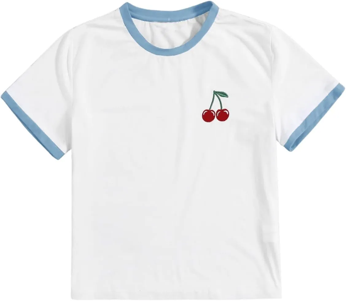 Women's Cherry Embroidery Print Shirt Contrast Color Neck Tee Short Sleeve Graphic Casual T Shirt Summer Tee Tops