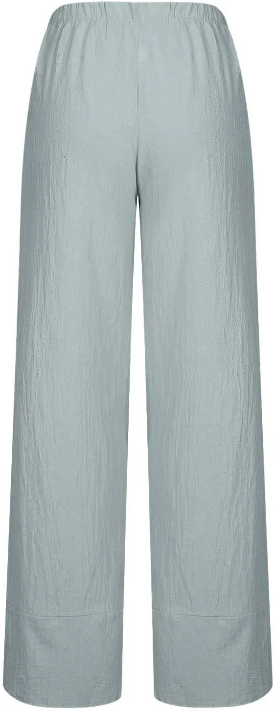 Womens Cotton Linen Cropped Pants Elastic High Waist Casual Trousers Soft Comfy Baggy Loose Fit Slacks with Pockets