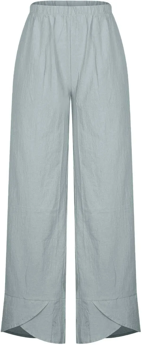 Womens Cotton Linen Cropped Pants Elastic High Waist Casual Trousers Soft Comfy Baggy Loose Fit Slacks with Pockets