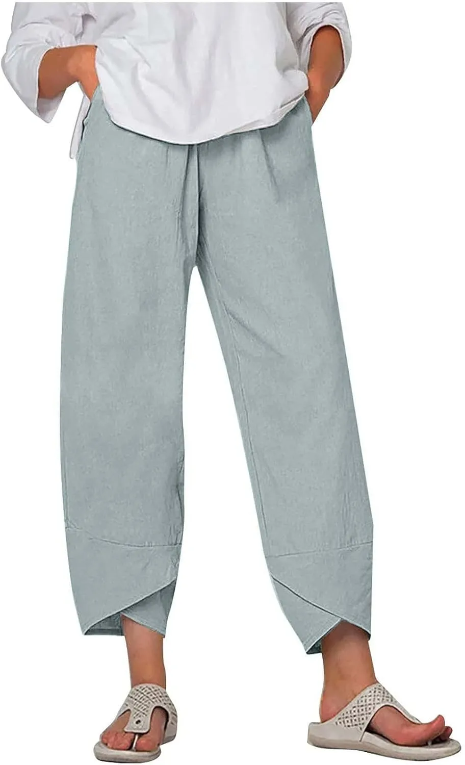 Womens Cotton Linen Cropped Pants Elastic High Waist Casual Trousers Soft Comfy Baggy Loose Fit Slacks with Pockets