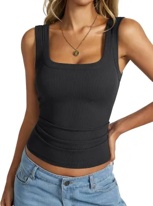 Womens Cotton Ribbed Square Neck Tank Tops Basic Backless Sleeveless Summer Cami Shirts 2025