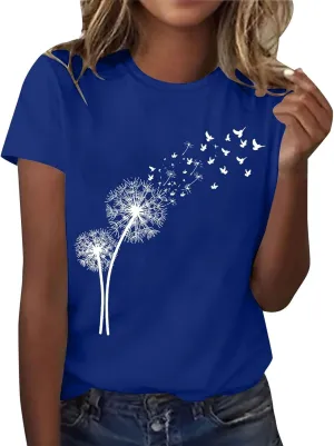 Women's Dandelion Printed Shirt Summer 2025 Short Sleeve Casual Shirts Cute Fit Summer Casual Tee Tops