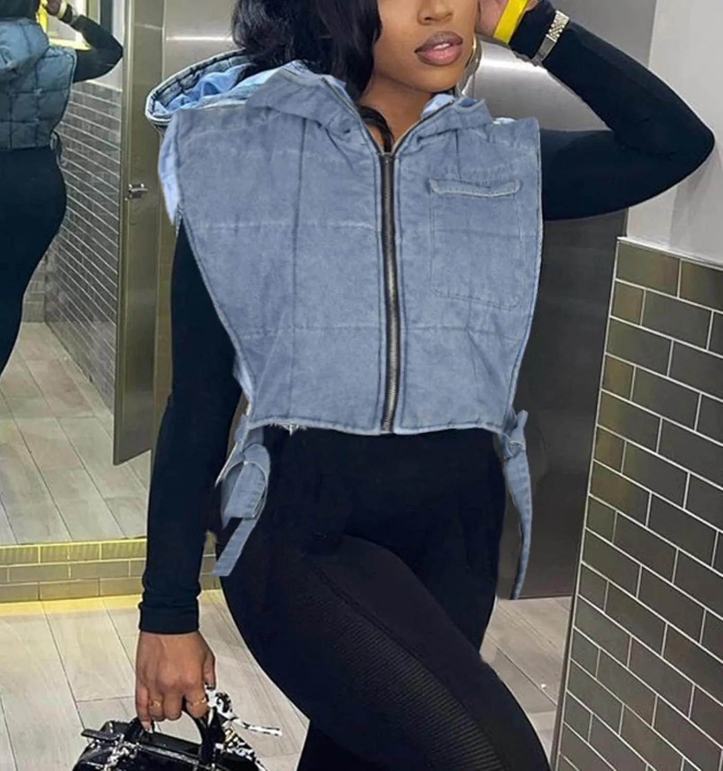 Womens Denim Cropped Puffer Vest Y2K Sleeveless Hooded Padded Puffy Coat Jean Bubble Vests