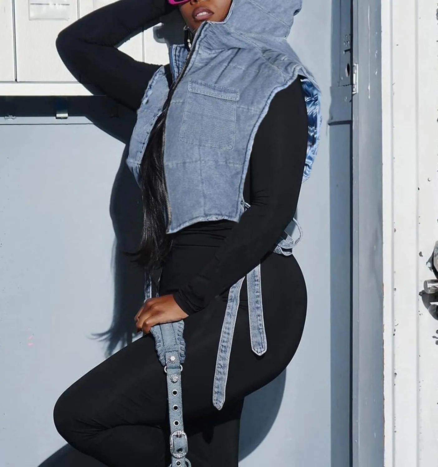 Womens Denim Cropped Puffer Vest Y2K Sleeveless Hooded Padded Puffy Coat Jean Bubble Vests