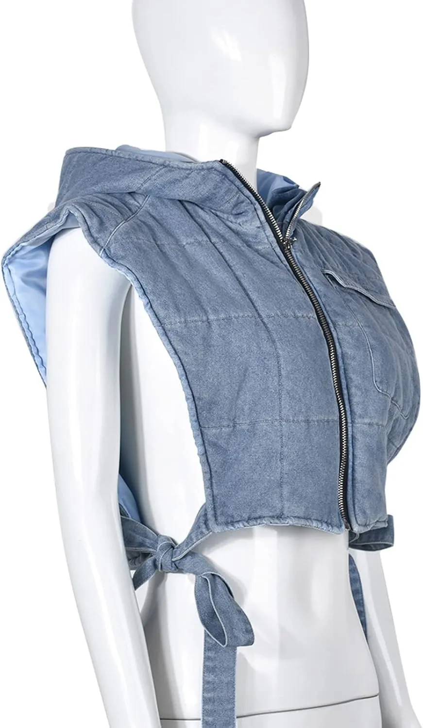 Womens Denim Cropped Puffer Vest Y2K Sleeveless Hooded Padded Puffy Coat Jean Bubble Vests