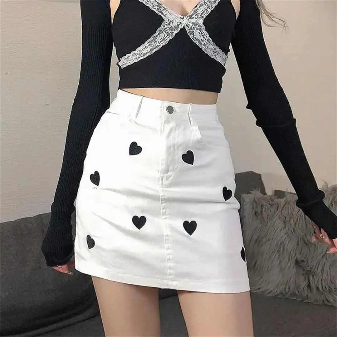 Women's Denim Skirt Preppy Style Love Heart Embroidered Lined High-Waisted Leg-Lengthening Hip-Covering Short Skirt