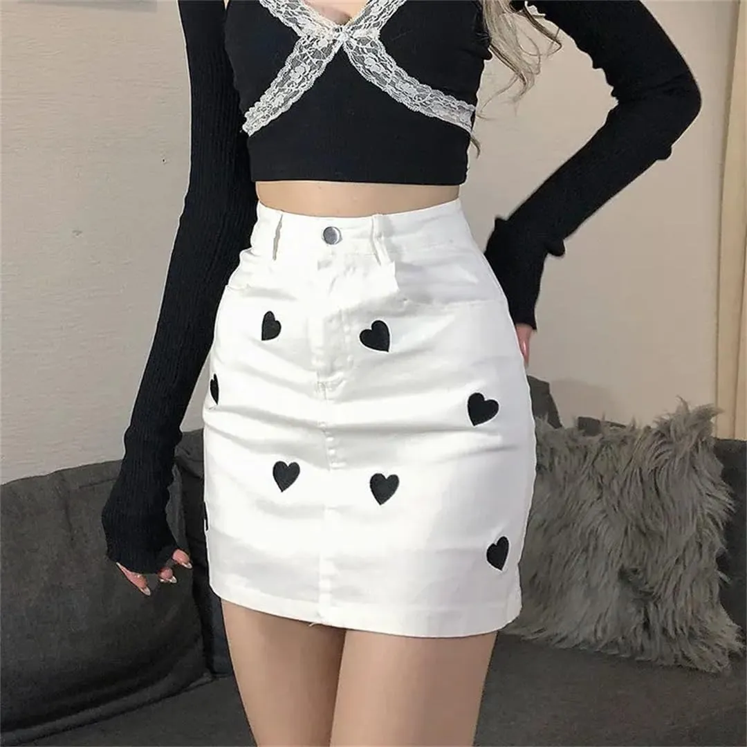 Women's Denim Skirt Preppy Style Love Heart Embroidered Lined High-Waisted Leg-Lengthening Hip-Covering Short Skirt