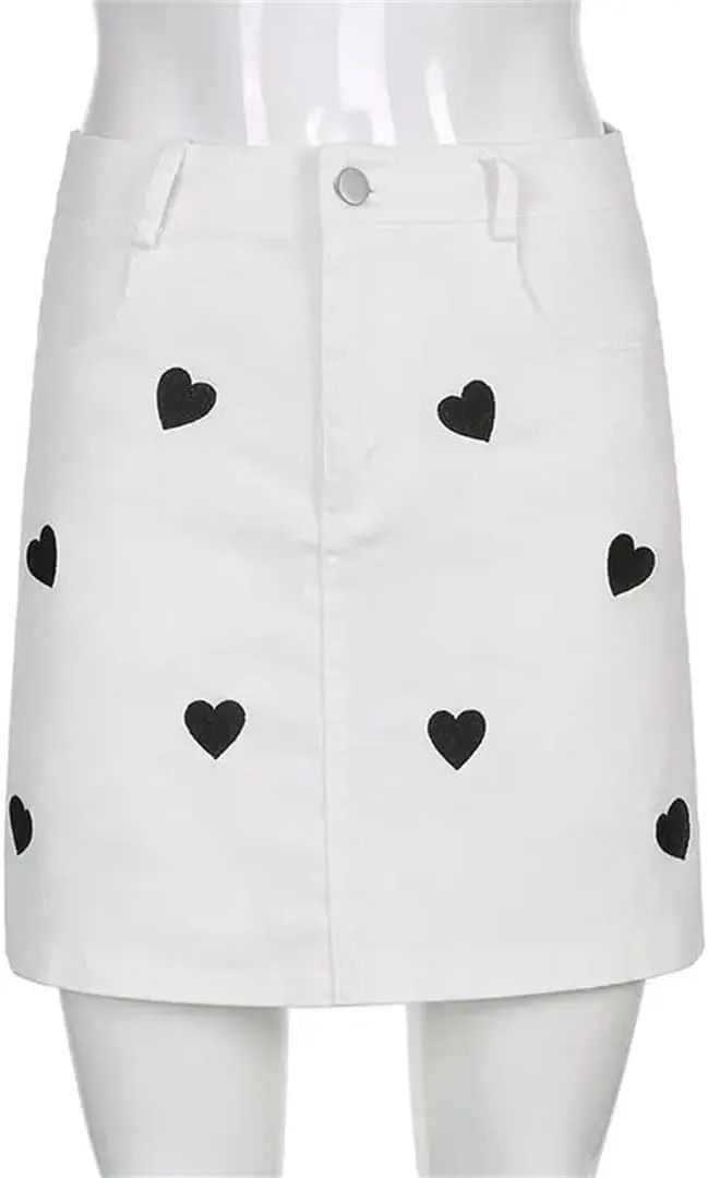 Women's Denim Skirt Preppy Style Love Heart Embroidered Lined High-Waisted Leg-Lengthening Hip-Covering Short Skirt