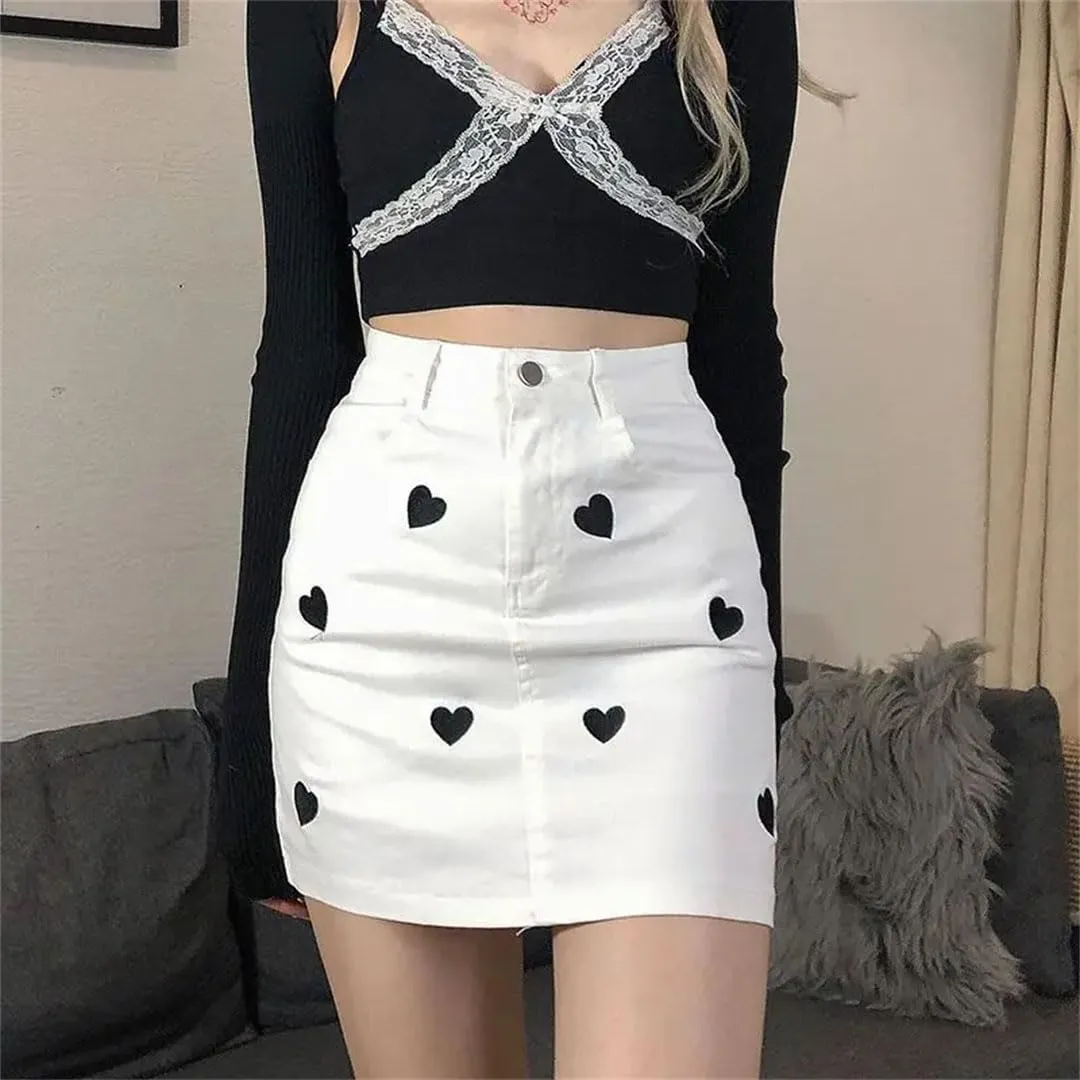 Women's Denim Skirt Preppy Style Love Heart Embroidered Lined High-Waisted Leg-Lengthening Hip-Covering Short Skirt