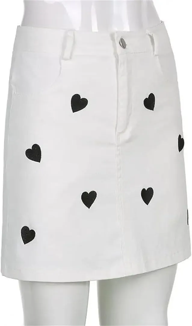 Women's Denim Skirt Preppy Style Love Heart Embroidered Lined High-Waisted Leg-Lengthening Hip-Covering Short Skirt